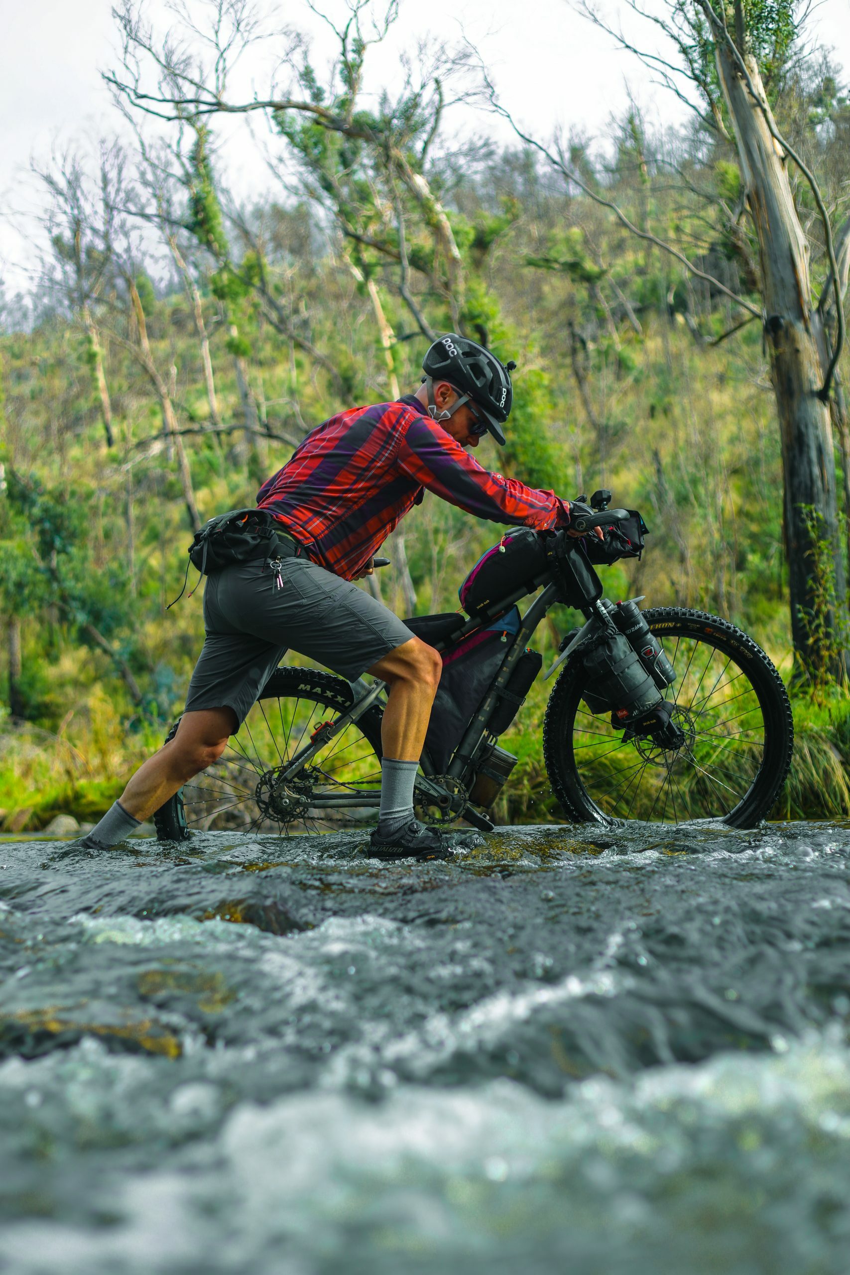 Pushing the bikepacking bike across the Naas River