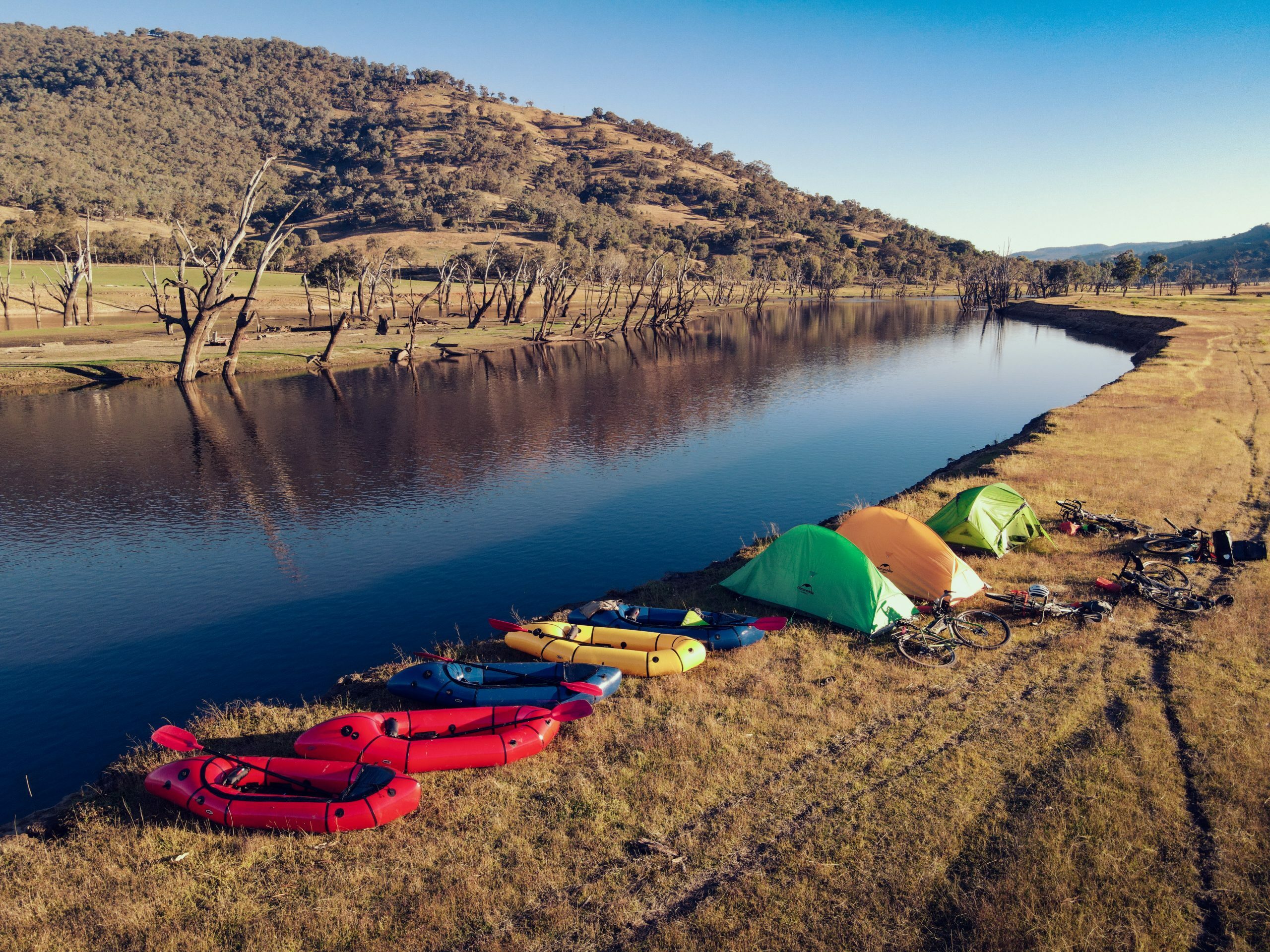 Packrafts and campsite on the bank of the Murray River